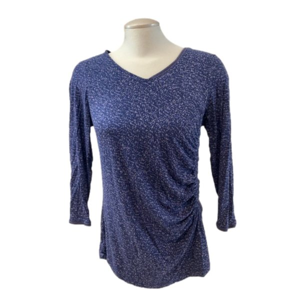 Navy polka dot Sandwhich_ brand Vneck 3/4 sleeve top with rouching - Picture 1 of 7